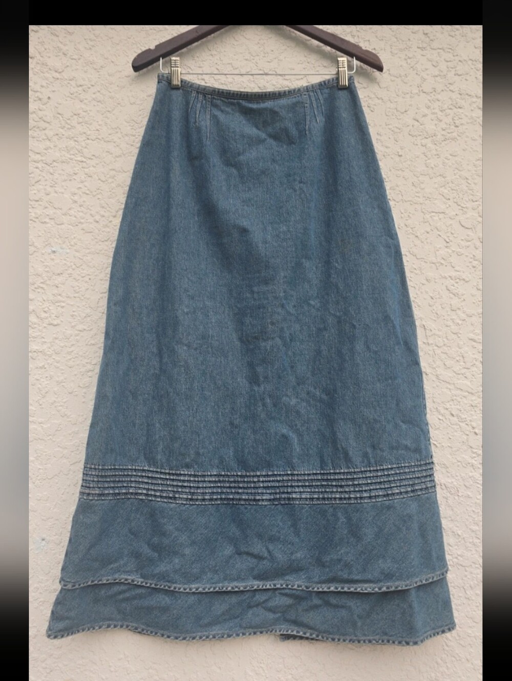 J. Jill Out of the Blue Denim Maxi Skirt Size 8 - Blue Tiered Pintuck Boho A-Lin